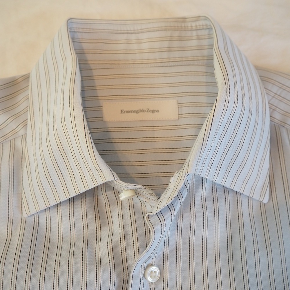 Ermenegildo Zegna Dress Shirt Men's 42 R 16.5 French Cuff Textured Blue Stripe